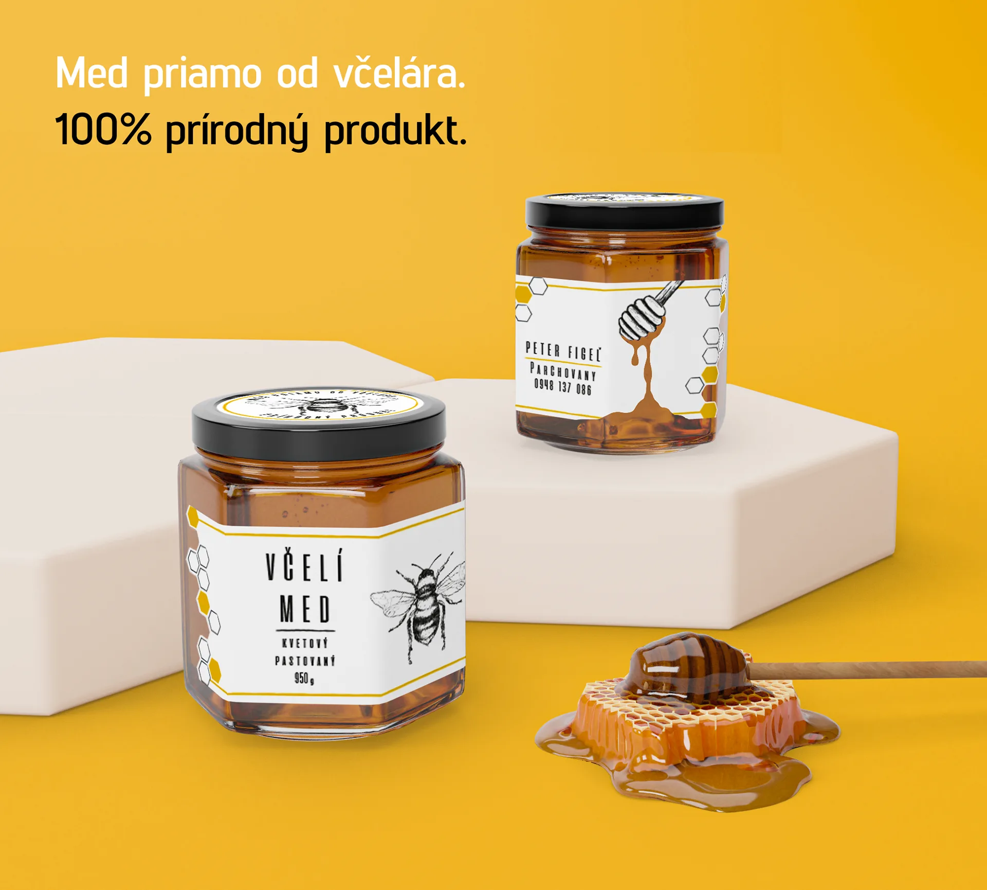 Včelí med - obalový dizajn etikety, ilustrácia včely
