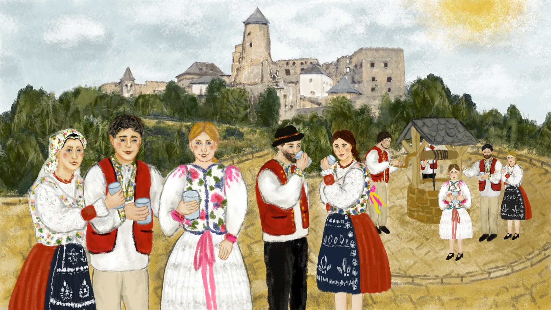 Ilustrácia slovenskej dediny, ľudia v kroji